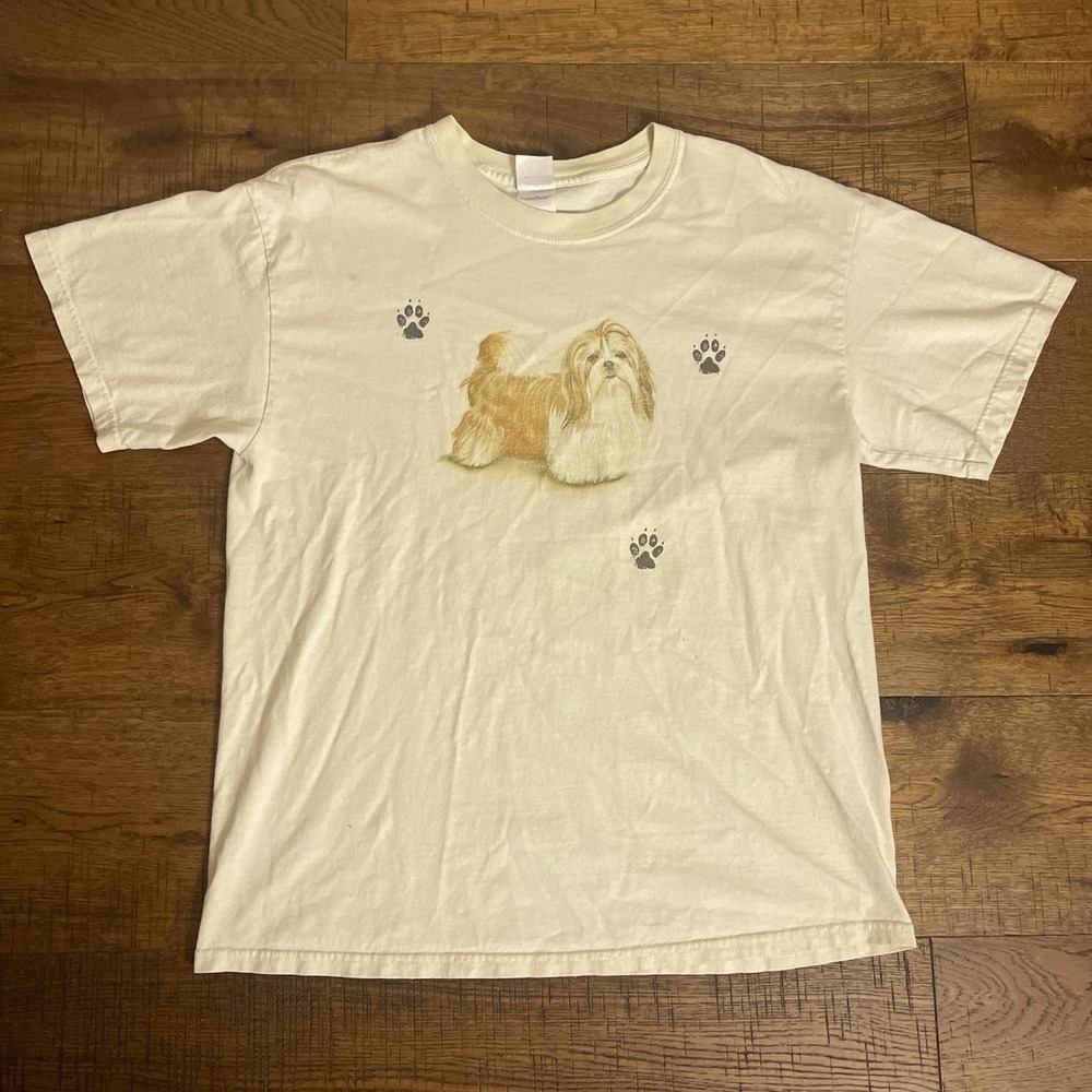 Vintage Shih Tzu Dog Graphic Tee Women Size L Cream Cottagecore Short Sleeve